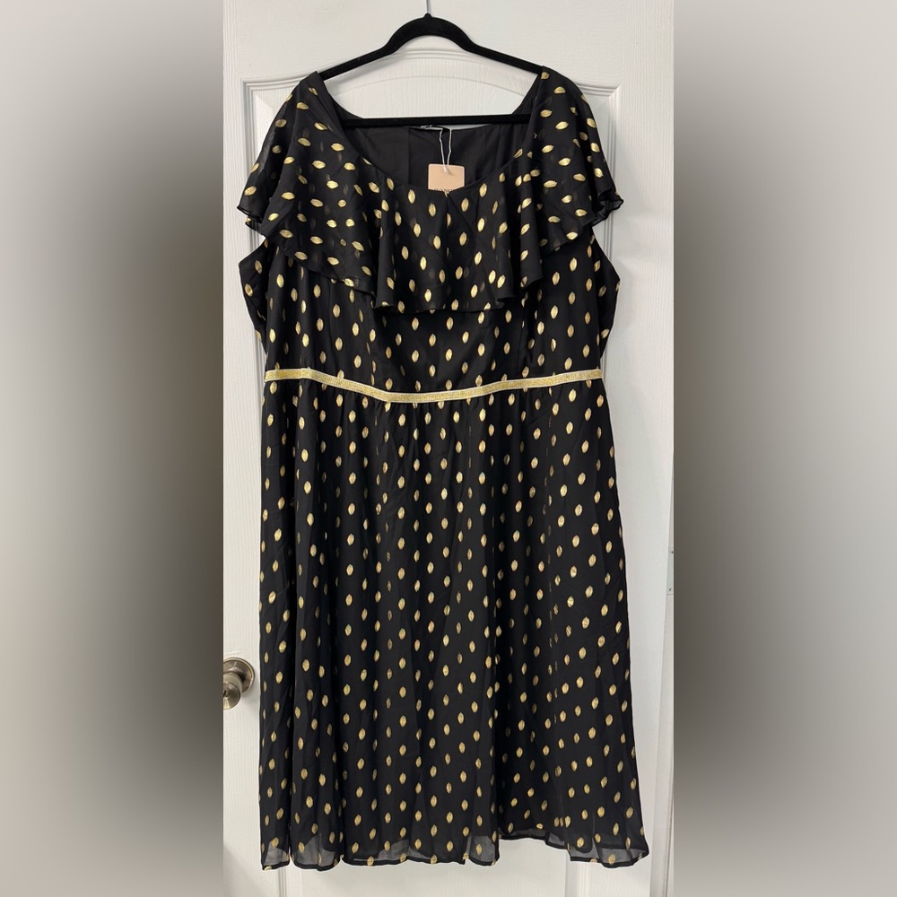 BloomChic Shimmery Polka Dot Stretchy Waist Midi Dress Black/Gold Plus Size - Picture 5 of 11